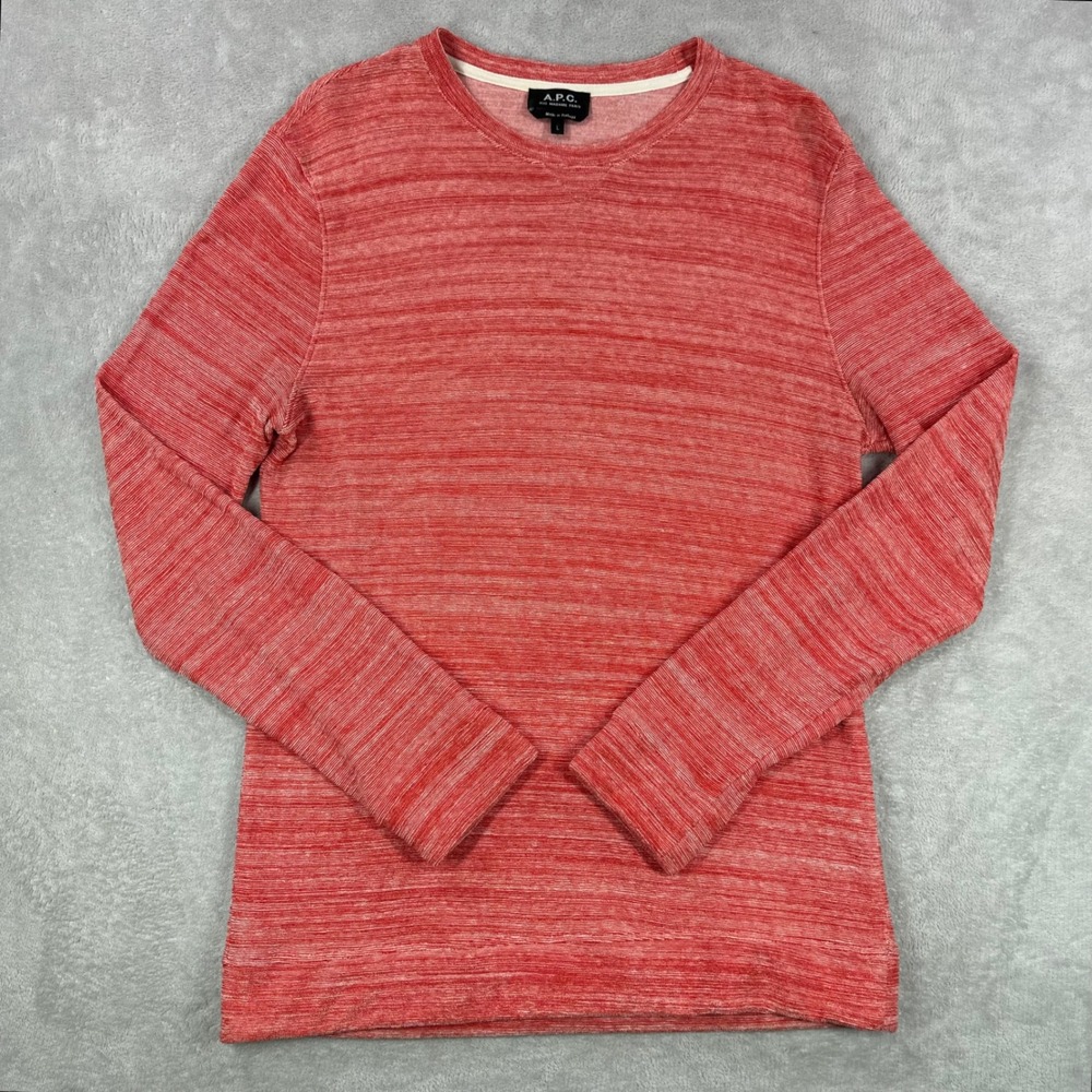 A.P.C. Long Sleeve Shirt Mens Large Red White Space Dye Melange Crew terry Cloth